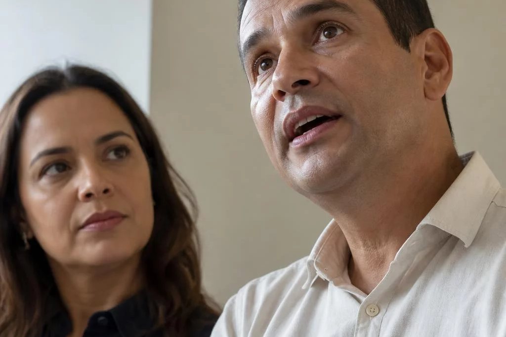 Três participantes conversam ao redor de uma mesa comprida numa sala clara de janelas altas