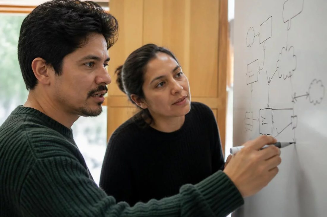 Facilitadora aponta para um mapa de argumento desenhado no quadro branco enquanto um participante acompanha