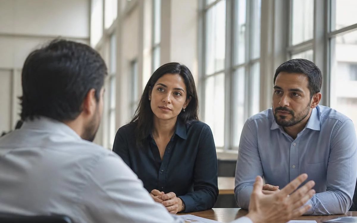 Roda de conversa numa sala clara, com uma pessoa expondo o ponto e duas escutando