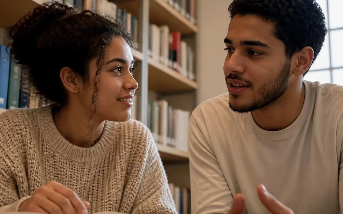 Três pessoas sentadas a uma mesa comprida, no meio de uma conversa numa sala de janelas altas